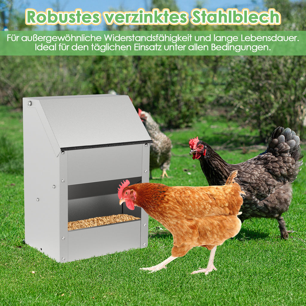 Verzinkter Stahl-Hühnerfuttertrog mit Deckel und Wandhalterung, geeignet als Futtertrog für Hühner, Enten und anderes Geflügel, inklusive Handschuhen, Futterschaufel und Pickschutzleiste