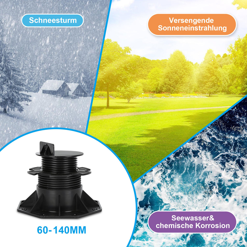 60–140 mm hohe Stützfüße, höhenverstellbar, verstellbare Stützfüße, plattenförmige Stützfüße – geeignet für Holz-, WPC- und Steinuntergründe von Terrassenfliesen
