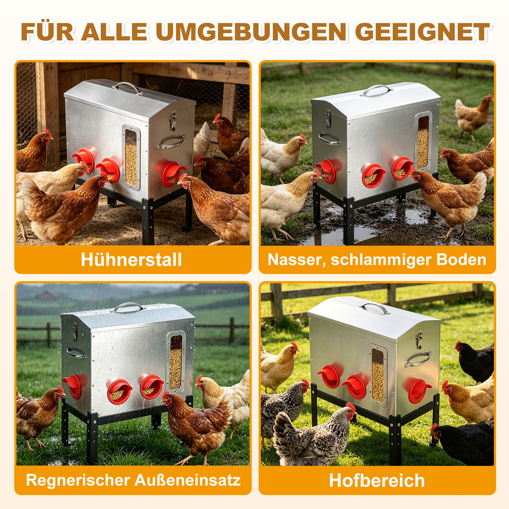 Automatischer Hühnerfutterbehälter mit 18 kg Fassungsvermögen, 6 Futterauslässen, aus verzinktem Metall