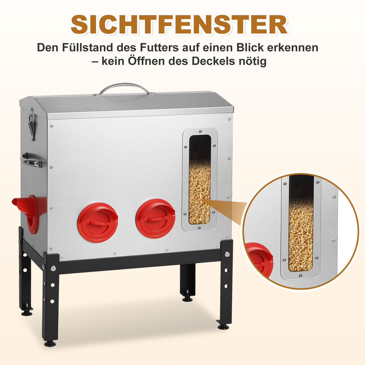 Automatischer Hühnerfutterbehälter mit 18 kg Fassungsvermögen, 6 Futterauslässen, aus verzinktem Metall