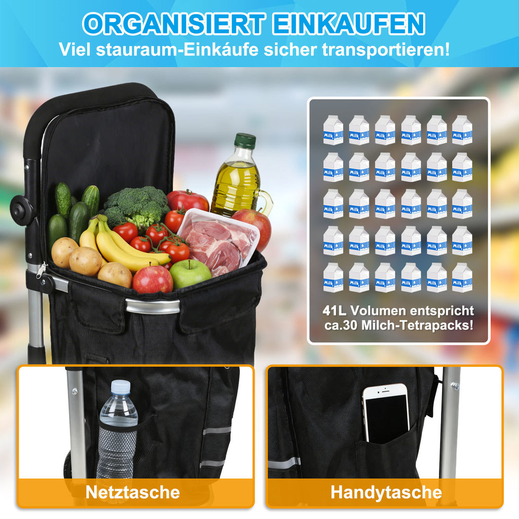 Zusammenklappbarer Einkaufswagen mit Kühlfach, Tragkraft 50 kg, großes Fassungsvermögen, leichter Einkaufswagen mit Rollen, Aluminiumrahmen, mit Reflektoren und Schutzblechen, schwarz