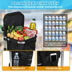 Zusammenklappbarer Einkaufswagen mit Kühlfach, Tragkraft 50 kg, großes Fassungsvermögen, leichter Einkaufswagen mit Rollen, Aluminiumrahmen, mit Reflektoren und Schutzblechen, schwarz