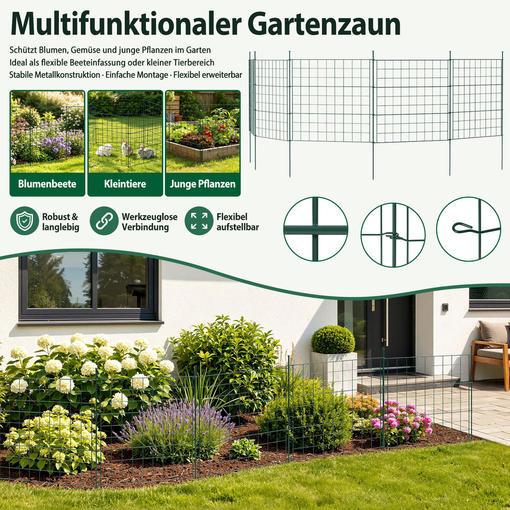 Teich- und Gartenzaun, 5-teiliges Set, Metallzaun, dekoratives Design, 5 Zaunelemente und 6 Befestigungsstangen, grüner Gartenzaun für Teiche und Blumenbeete, nach oben gewölbte Ausführung / gerade Ausführung / nach unten gewölbte Ausführung