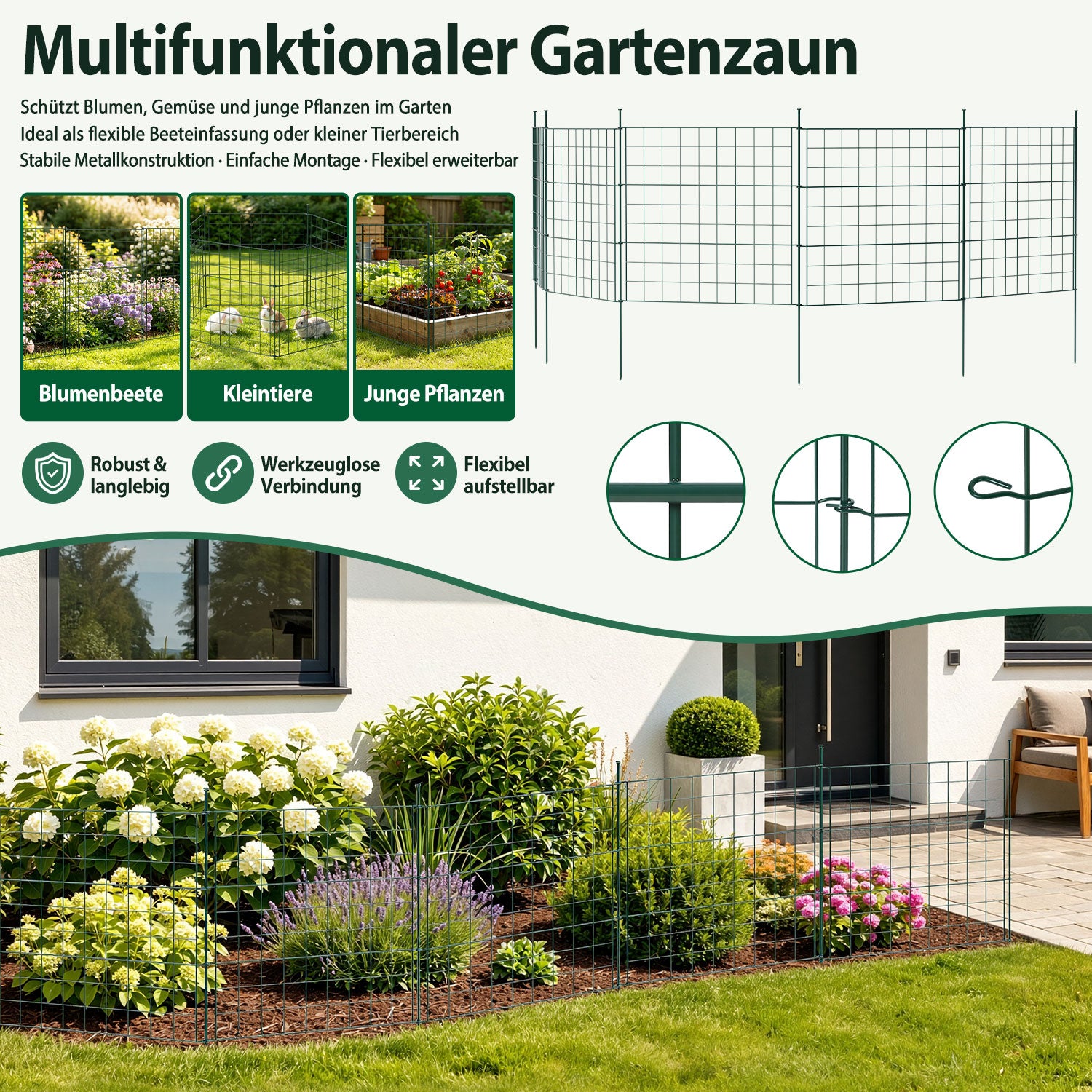 Teich- und Gartenzaun, 5-teiliges Set, Metallzaun, dekoratives Design, 5 Zaunelemente und 6 Befestigungsstangen, grüner Gartenzaun für Teiche und Blumenbeete, nach oben gewölbte Ausführung / gerade Ausführung / nach unten gewölbte Ausführung
