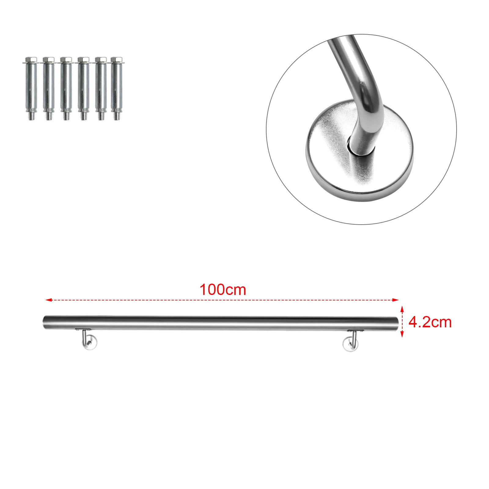 Geländer Treppengeländer, Edelstahl Handlauf, Wandhandlauf Innen & Außen, inkl. Wandhalterung und Endkappen, Rund Ø42mm, Treppe Wandhalter Haltegriff Stange