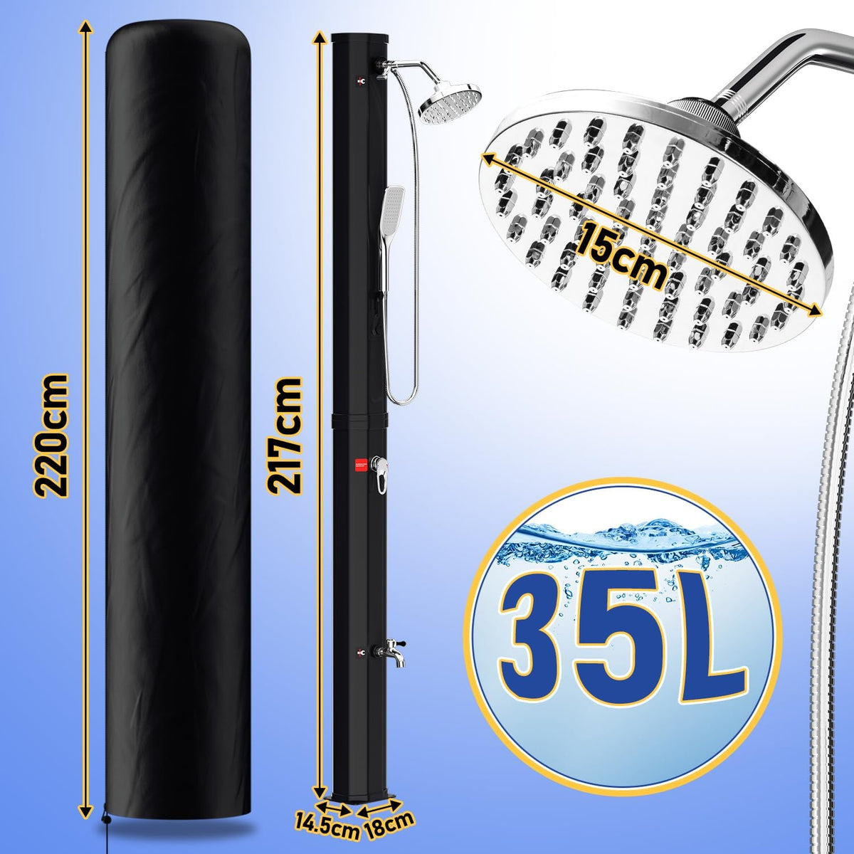 Solardusche 35/40 Liter Solar Gartendusche Inkl Schutzhaube und handbrause, schwenkbarer Duschkopf um 180°, integrierte Fußdusche, max. 60°C Sommerdusche für EIN erfrischendes Duscherlebnis