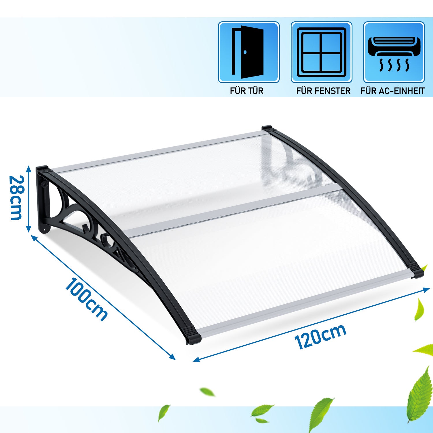Vordach für Außentüren, transparente PC-Platten + schwarze Verstärkungsstreben, 6 mm dick, einseitig geneigtes, gewölbtes Vordach, schützt vor Sonne und Regen, vier Größen: 120 cm / 150 cm / 200 cm / 300 cm