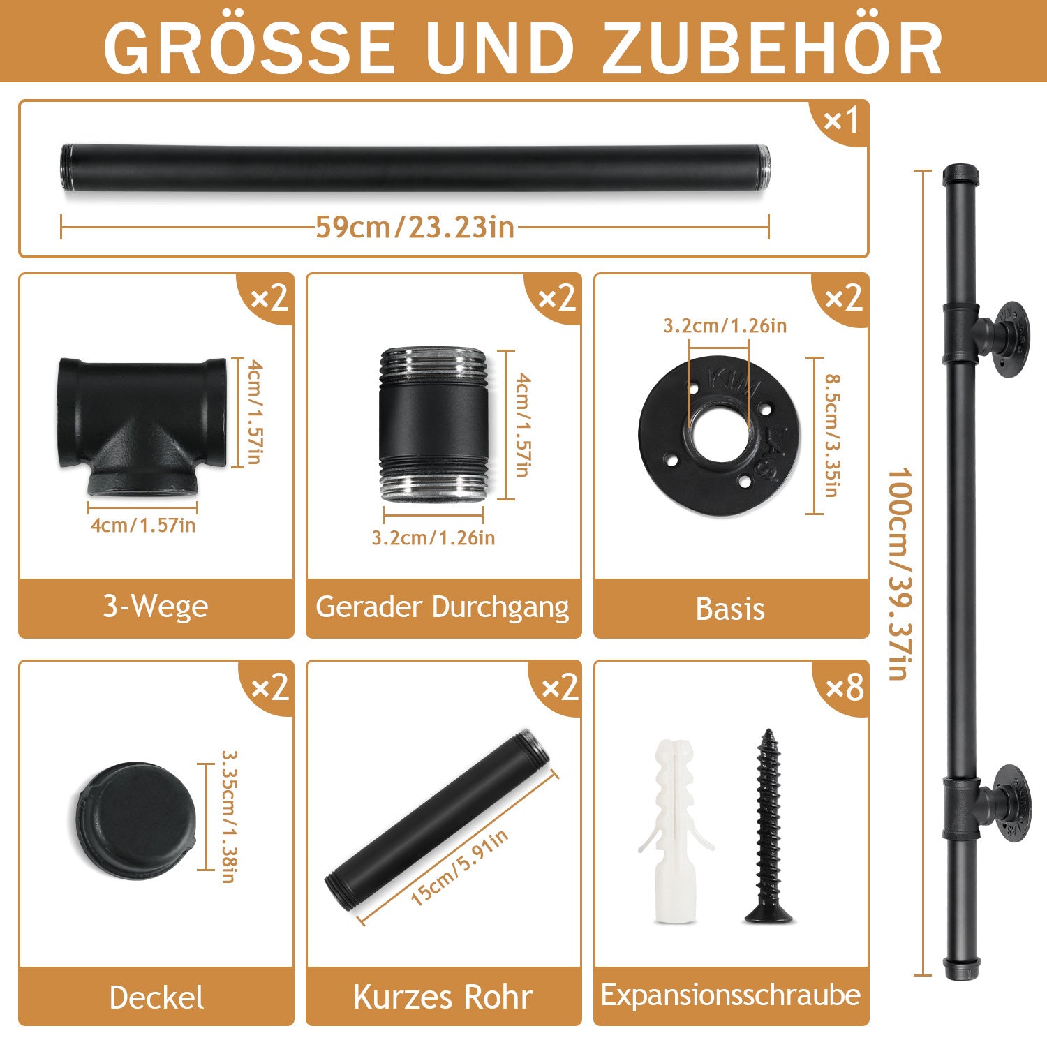 Treppengeländer, Geländer für Innen- und Außentreppen, schwarze Handläufe, wandmontierte Handläufe (inklusive Befestigungszubehör), wandmontierte Halterungen für Treppenhandläufe, geeignet für Treppen, Geländer und Balkone (100 cm/150 cm/200 cm/300 cm)