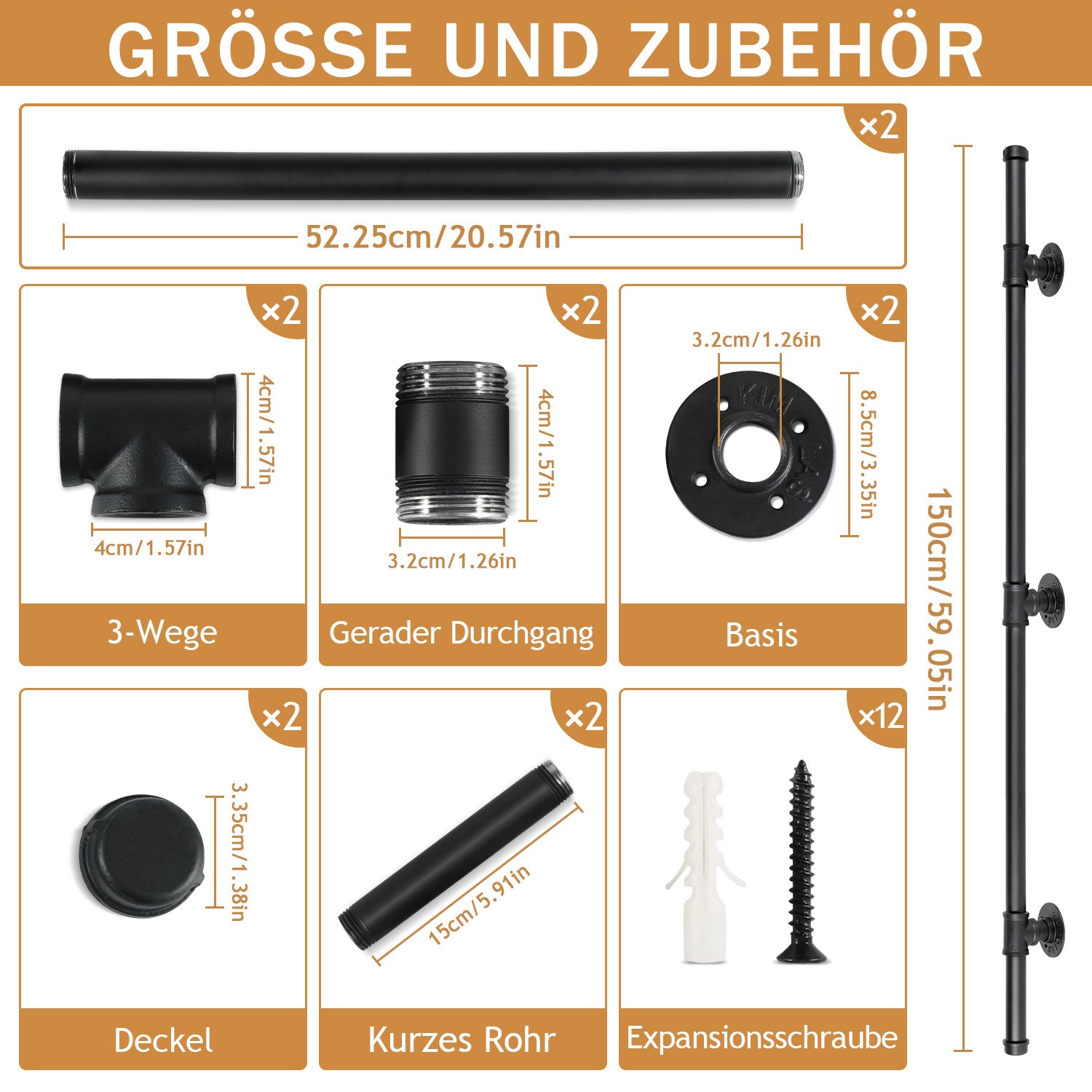 Treppengeländer, Geländer für Innen- und Außentreppen, schwarze Handläufe, wandmontierte Handläufe (inklusive Befestigungszubehör), wandmontierte Halterungen für Treppenhandläufe, geeignet für Treppen, Geländer und Balkone (100 cm/150 cm/200 cm/300 cm)