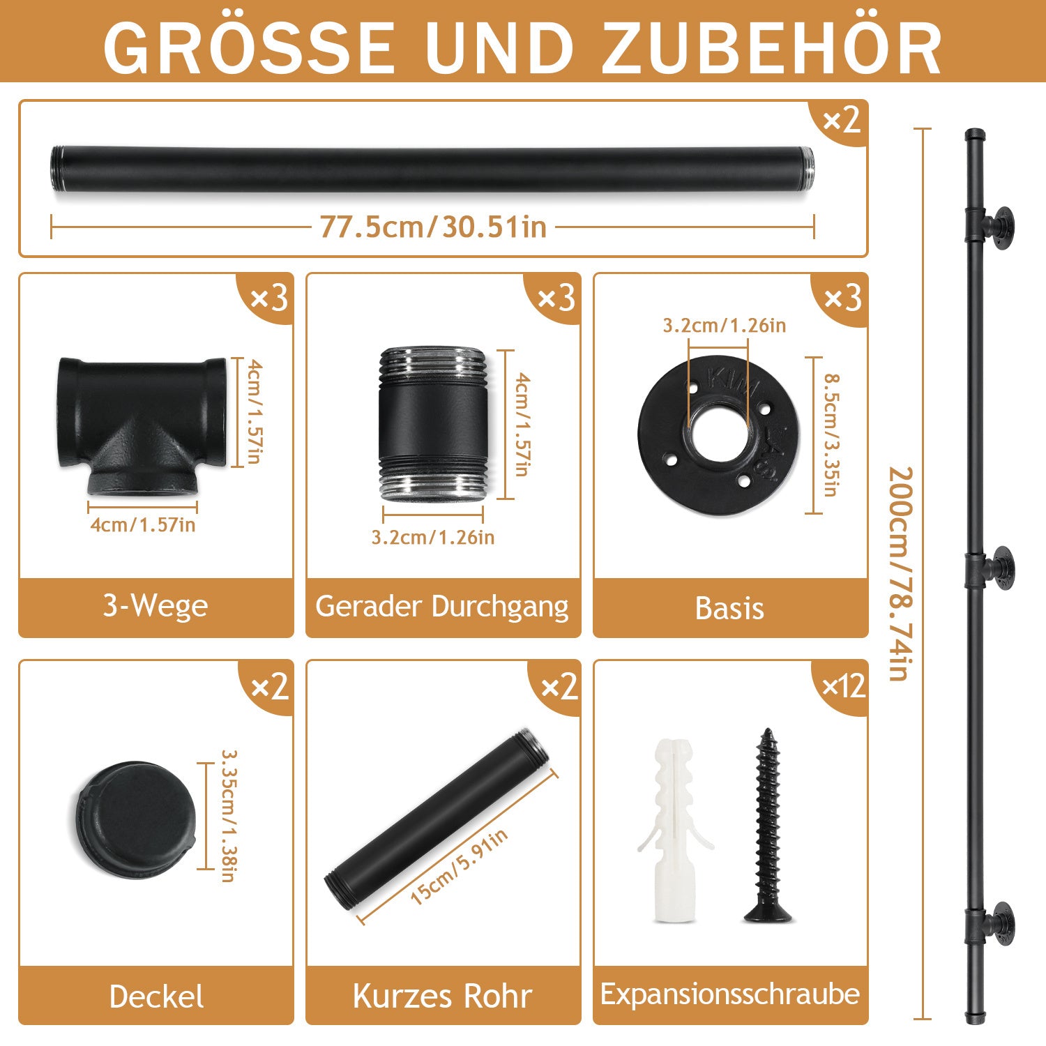 Treppengeländer, Geländer für Innen- und Außentreppen, schwarze Handläufe, wandmontierte Handläufe (inklusive Befestigungszubehör), wandmontierte Halterungen für Treppenhandläufe, geeignet für Treppen, Geländer und Balkone (100 cm/150 cm/200 cm/300 cm)