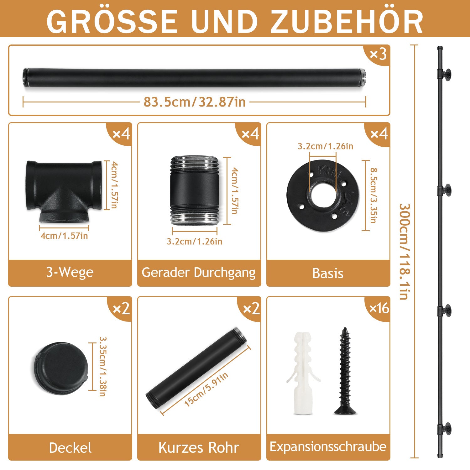 Treppengeländer, Geländer für Innen- und Außentreppen, schwarze Handläufe, wandmontierte Handläufe (inklusive Befestigungszubehör), wandmontierte Halterungen für Treppenhandläufe, geeignet für Treppen, Geländer und Balkone (100 cm/150 cm/200 cm/300 cm)