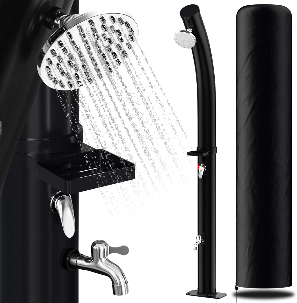 Solardusche Bogen Solar Gartendusche warmes Wasser Bis Zu 60°C Ohne Stromanschluss Pooldusche Camping mit Fußdusche und Duschablage schwenkbarem Regenduschkopf Schutzhülle Schwarz(20L/35L)