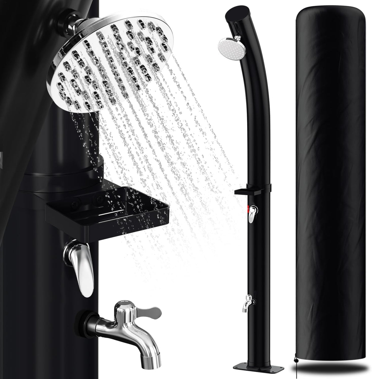 Solardusche Bogen Solar Gartendusche warmes Wasser Bis Zu 60°C Ohne Stromanschluss Pooldusche Camping mit Fußdusche und Duschablage schwenkbarem Regenduschkopf Schutzhülle Schwarz(20L/35L)