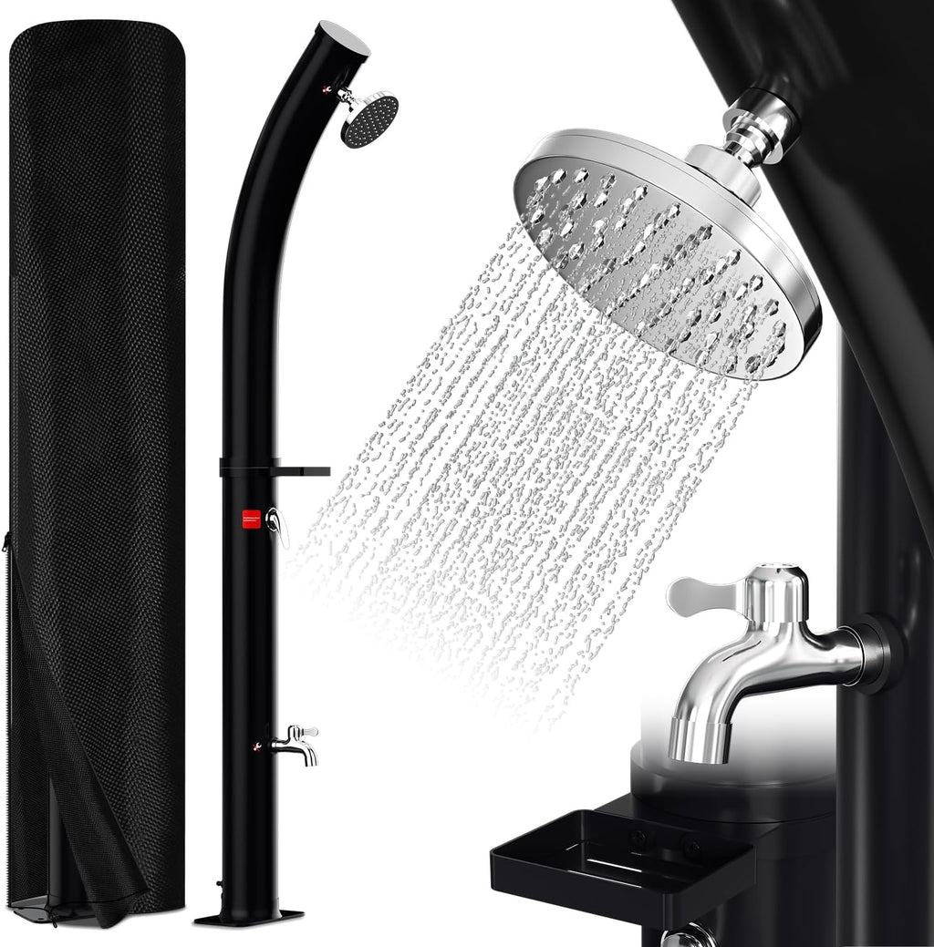 Solardusche Bogen Solar Gartendusche warmes Wasser Bis Zu 60°C Ohne Stromanschluss Pooldusche Camping mit Fußdusche und Duschablage schwenkbarem Regenduschkopf Schutzhülle Schwarz(20L/35L)