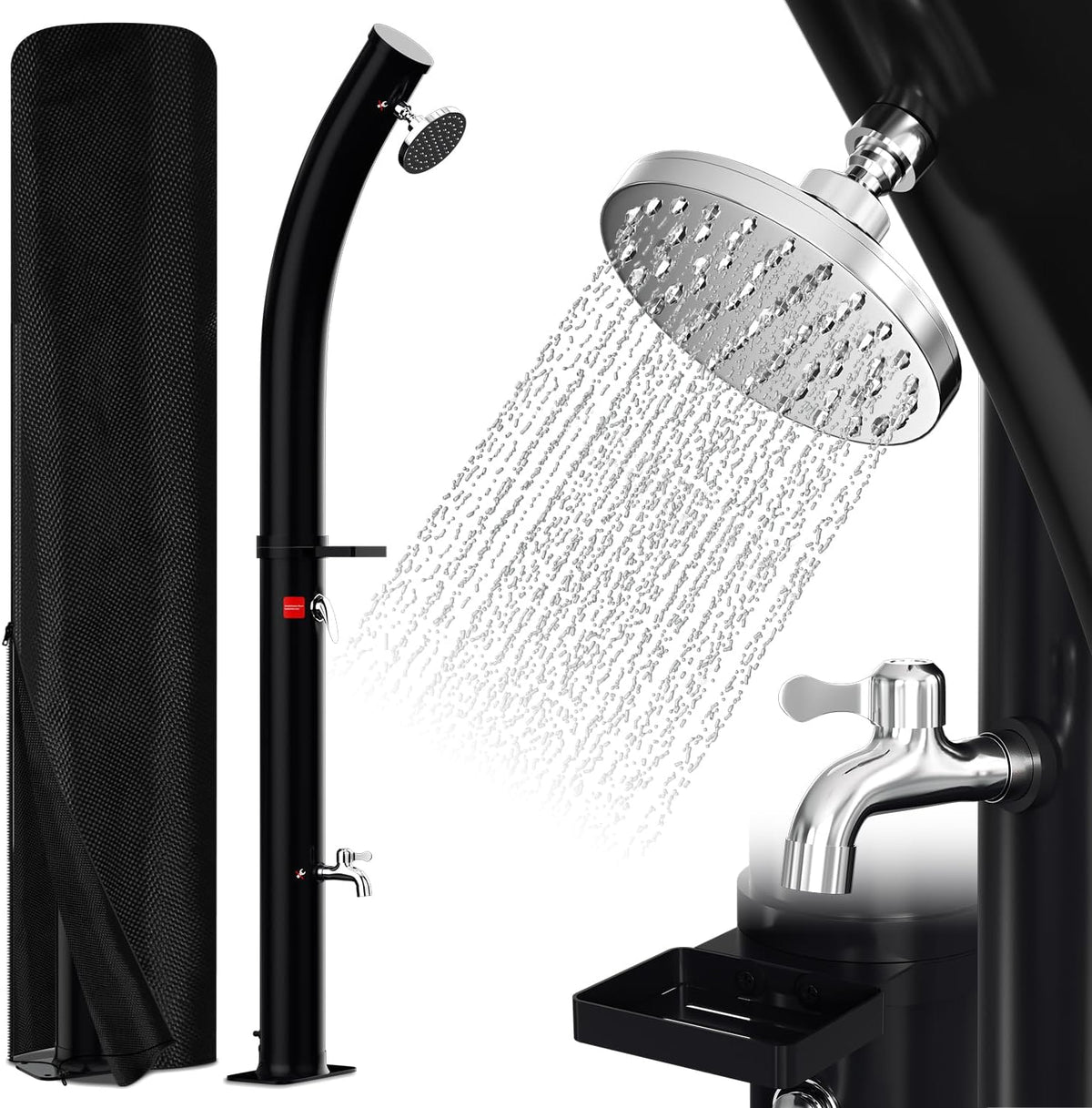 Solardusche Bogen Solar Gartendusche warmes Wasser Bis Zu 60°C Ohne Stromanschluss Pooldusche Camping mit Fußdusche und Duschablage schwenkbarem Regenduschkopf Schutzhülle Schwarz(20L/35L)