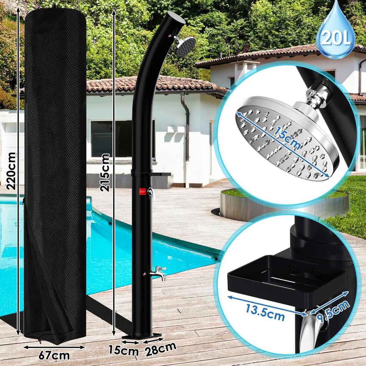 Solardusche Bogen Solar Gartendusche warmes Wasser Bis Zu 60°C Ohne Stromanschluss Pooldusche Camping mit Fußdusche und Duschablage schwenkbarem Regenduschkopf Schutzhülle Schwarz(20L/35L)