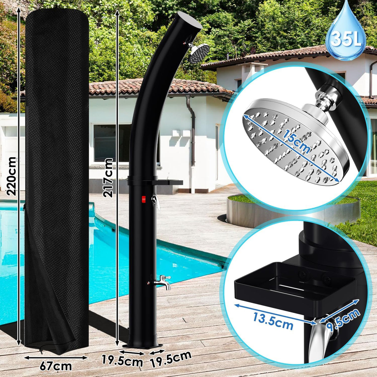 Solardusche Bogen Solar Gartendusche warmes Wasser Bis Zu 60°C Ohne Stromanschluss Pooldusche Camping mit Fußdusche und Duschablage schwenkbarem Regenduschkopf Schutzhülle Schwarz(20L/35L)