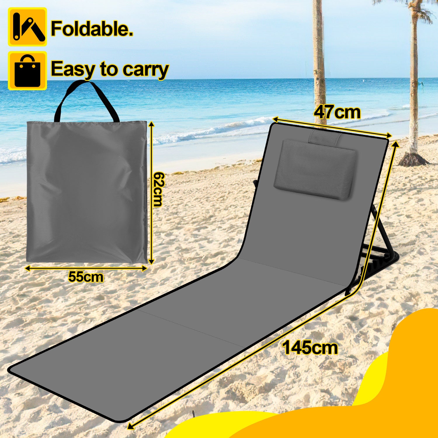 145CM Strandliege Sonnenliege Strandmatte, klappbar Strandmatte tragbar zusammenklappbar Outdoorliege,5-stufig verstellbar inklusive Tragetasche