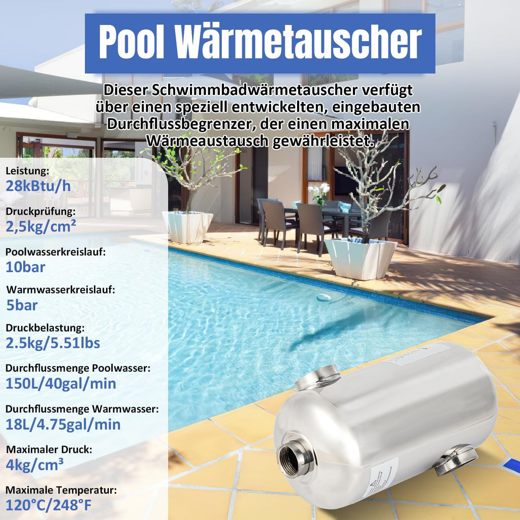 Edelstahl Schwimmbadheizer 28KW / 60KW Edelstahl Schwimmbad Wärmetauscher Pool Wärmetauscher 150 L/Min Poolwasserdurchfluss, Heißwasserfluss 18 L/Min, Schwimmbadwärmetauscher für Poolsystem