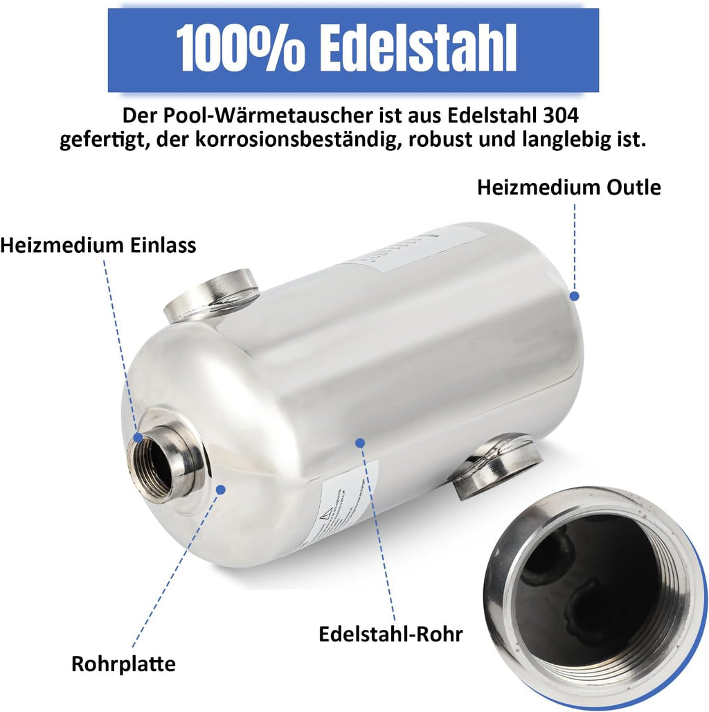 Edelstahl Schwimmbadheizer 28KW / 60KW Edelstahl Schwimmbad Wärmetauscher Pool Wärmetauscher 150 L/Min Poolwasserdurchfluss, Heißwasserfluss 18 L/Min, Schwimmbadwärmetauscher für Poolsystem
