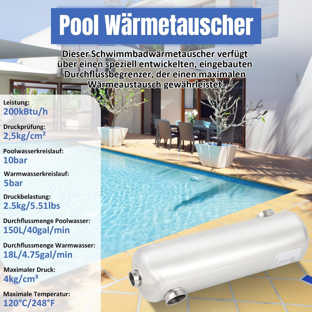 Edelstahl Schwimmbadheizer 28KW / 60KW Edelstahl Schwimmbad Wärmetauscher Pool Wärmetauscher 150 L/Min Poolwasserdurchfluss, Heißwasserfluss 18 L/Min, Schwimmbadwärmetauscher für Poolsystem