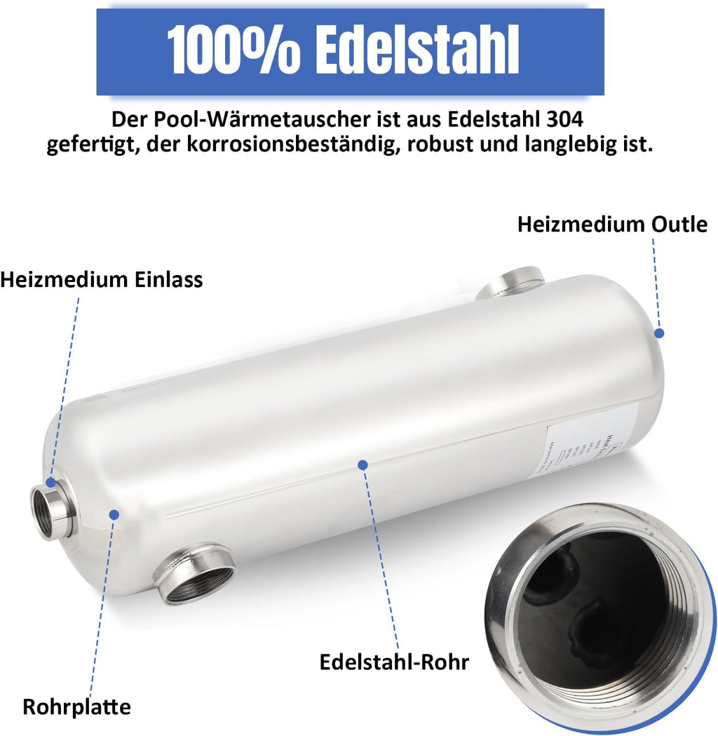 Edelstahl Schwimmbadheizer 28KW / 60KW Edelstahl Schwimmbad Wärmetauscher Pool Wärmetauscher 150 L/Min Poolwasserdurchfluss, Heißwasserfluss 18 L/Min, Schwimmbadwärmetauscher für Poolsystem