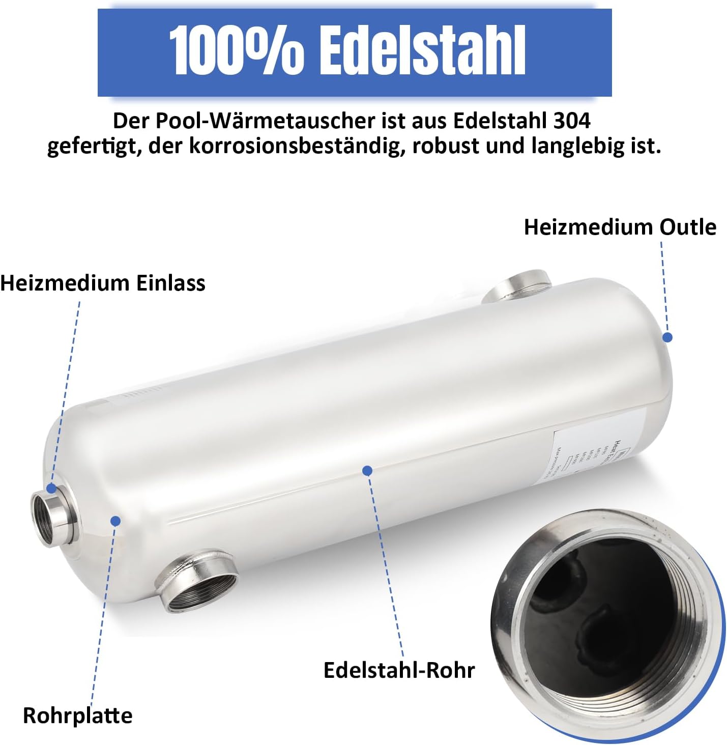Edelstahl Schwimmbadheizer 28KW / 60KW Edelstahl Schwimmbad Wärmetauscher Pool Wärmetauscher 150 L/Min Poolwasserdurchfluss, Heißwasserfluss 18 L/Min, Schwimmbadwärmetauscher für Poolsystem