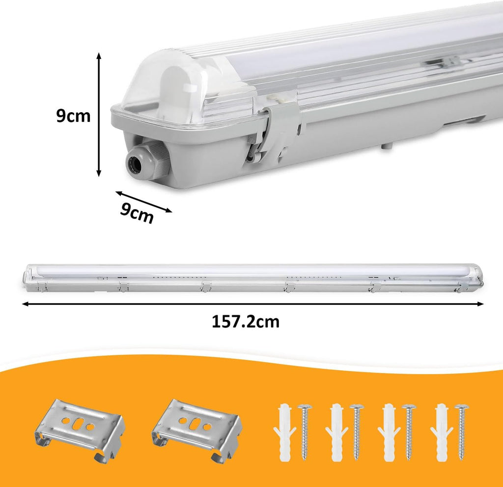 LED Feuchtraumleuchte Wannenleuchte 150cm 24W, 2400 Lumen 6500K, IP65 Wasserfest mit T8 LED Röhre für Garage Werkstatt Keller Außenbereich