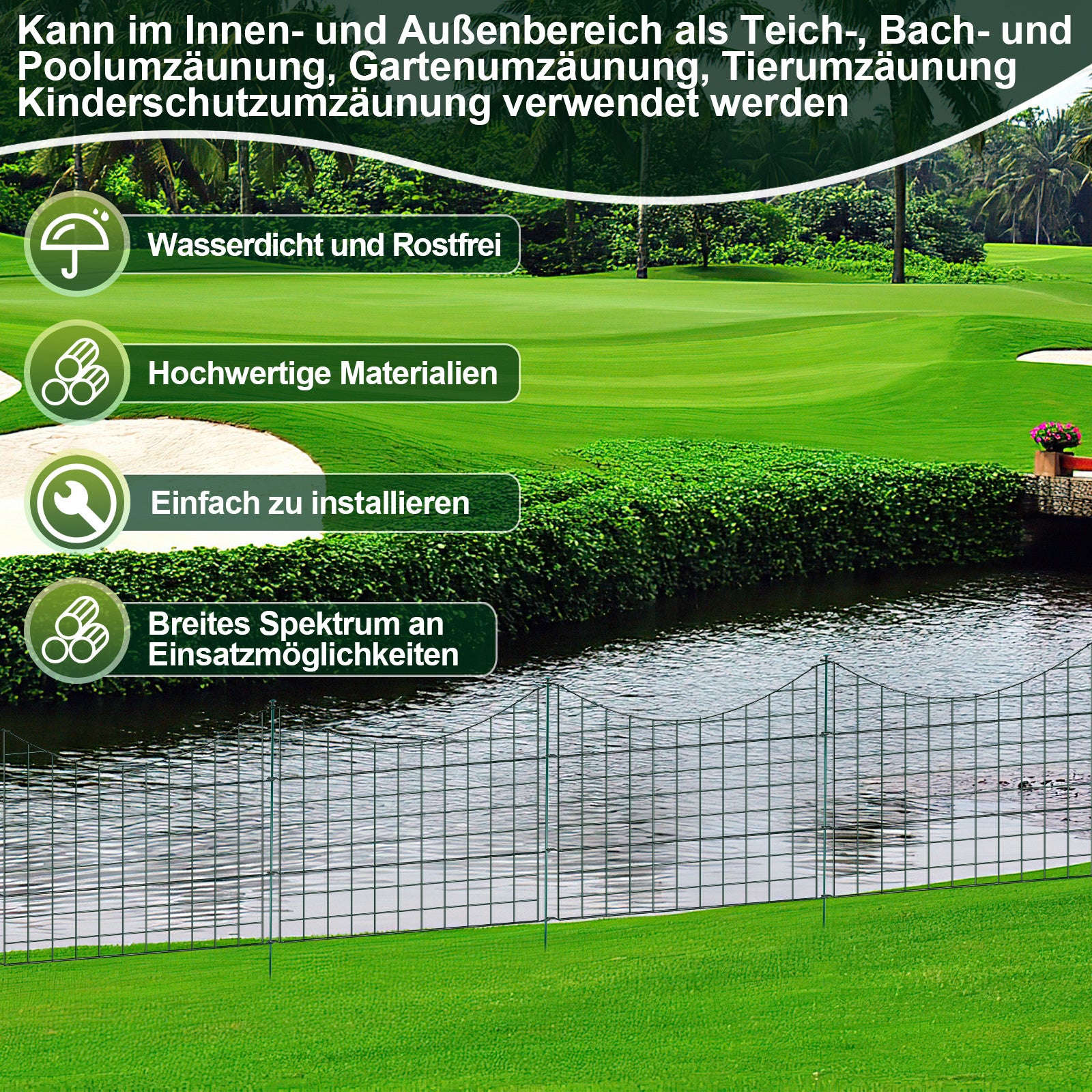 Teichzäune, Metall-Gartenzäune, Außenzäune, 3,75/7,5/10,5 Meter, inklusive Zaunelemente und Befestigungsstangen, oben nach unten gewölbt