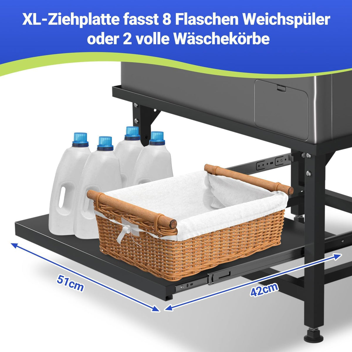 Waschmaschinen Untergestell mit Ausziehbarem Regal, 42cm Höhe, Höhenverstellbare Füße & Geräuschdämpfung, Waschmaschinen Sockel mit 3 stufiger Auszugsschublade, 150kg Belastbarkeit, Schwarz/Weiß