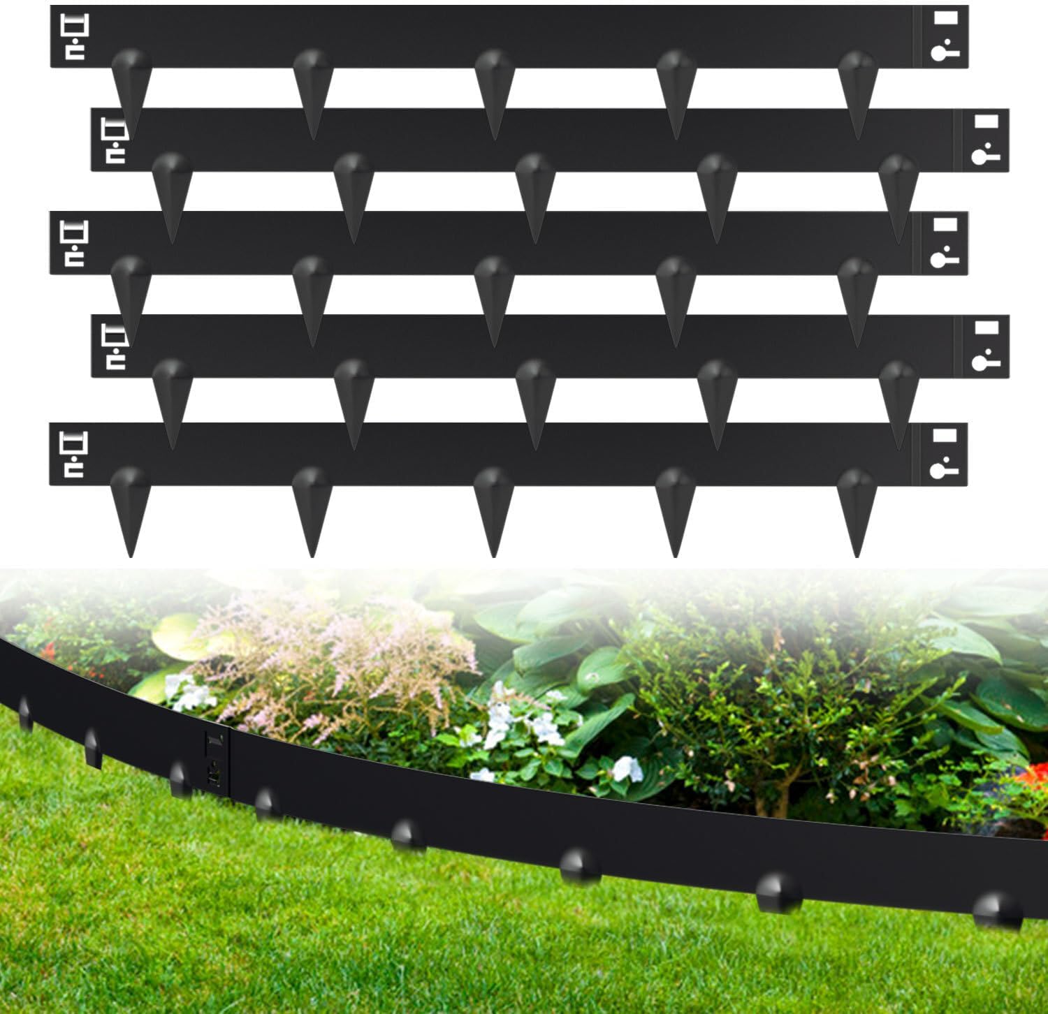 Rasenkante mit Dornen, 100x18cm Rasenkante Metall Beetumrandung, Beeteinfassung Flexible Verformbar Metall Palisade für Garten Bauernhof, Silber/Schwarz