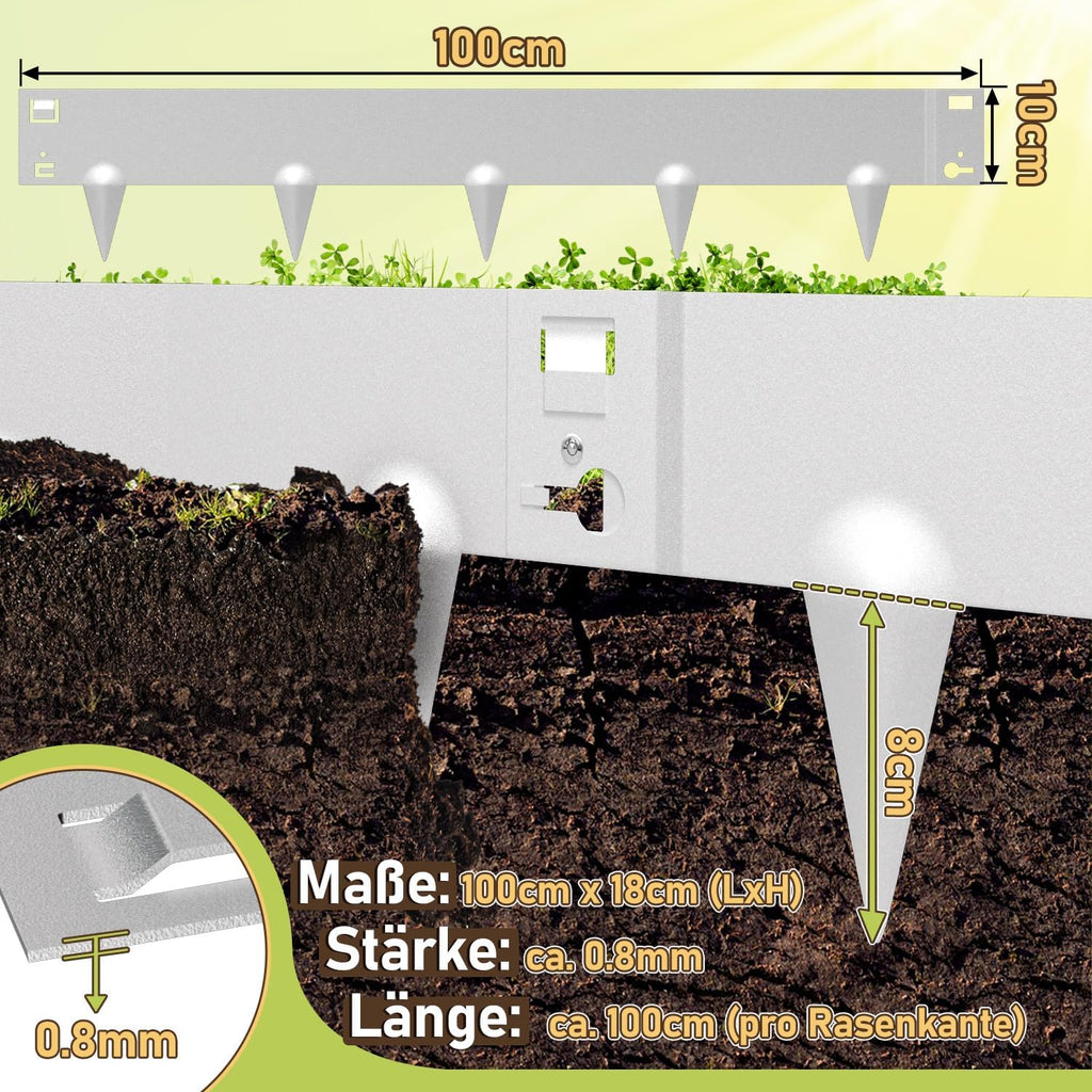 Rasenkante mit Dornen, 100x18cm Rasenkante Metall Beetumrandung, Beeteinfassung Flexible Verformbar Metall Palisade für Garten Bauernhof, Silber/Schwarz