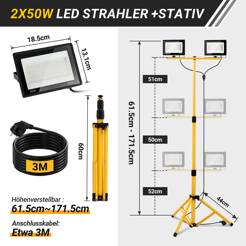 LED Baustrahler 2 x 50W / 100W / 200W, Baustrahler LED mit Stativ Einstellbar, 6500K Kaltweiß Baulampe für Innen- & Außenbereic, IP66 Baustellenlampe mit 3m Kabel Stecker für Baustelle Werkstatt Keller