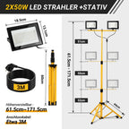 LED Baustrahler 2 x 50W / 100W / 200W, Baustrahler LED mit Stativ Einstellbar, 6500K Kaltweiß Baulampe für Innen- & Außenbereic, IP66 Baustellenlampe mit 3m Kabel Stecker für Baustelle Werkstatt Keller