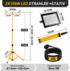 LED Baustrahler 2 x 50W / 100W / 200W, Baustrahler LED mit Stativ Einstellbar, 6500K Kaltweiß Baulampe für Innen- & Außenbereic, IP66 Baustellenlampe mit 3m Kabel Stecker für Baustelle Werkstatt Keller
