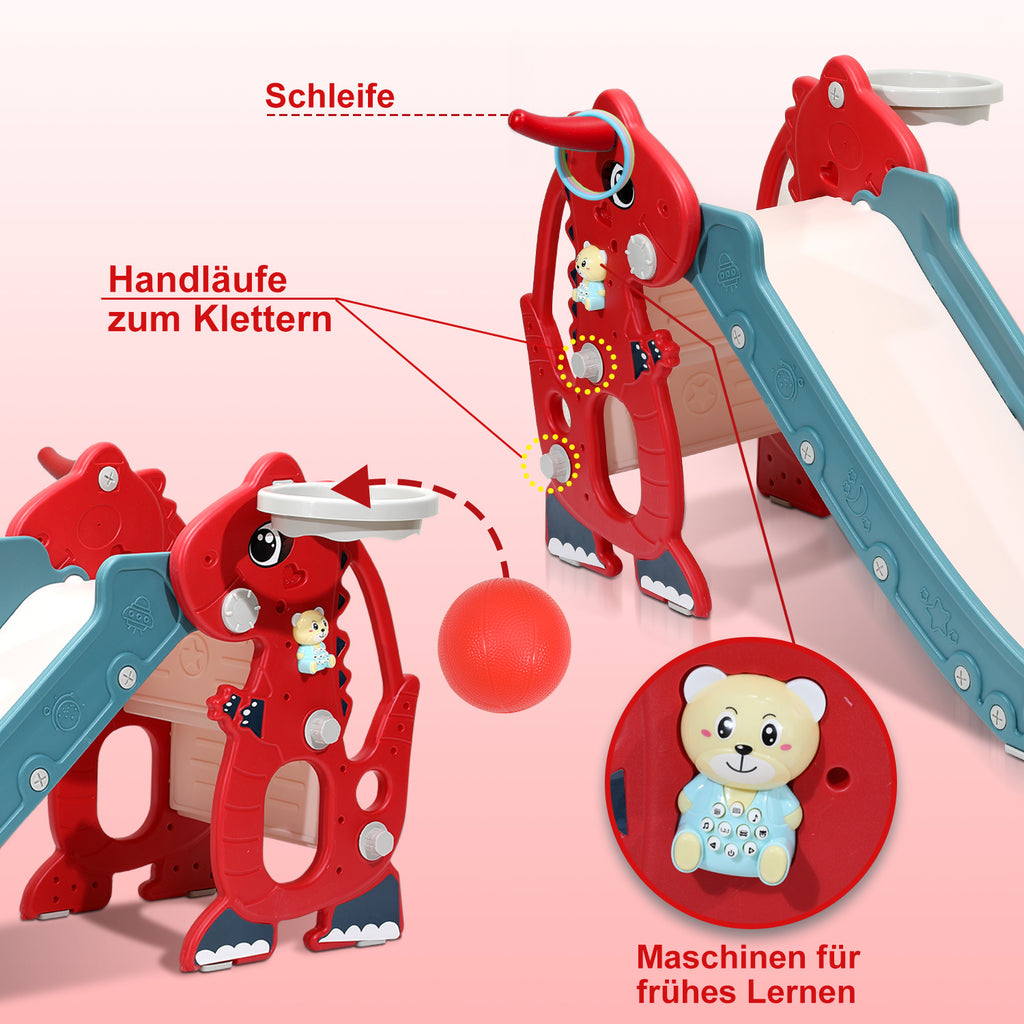 Kinderrutsche, zusammenklappbare Kinderrutsche, stabile Gartenrutsche mit Basketballkorb und Handläufen, lustige Kinderrutsche, für drinnen und draußen geeignete Kleinkindrutsche, rot