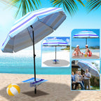 Strandschirm, Durchmesser 213 cm, Sonnenschutzfaktor UV50+, mit Tisch, Haken und Tragetasche, Neigungswinkel und Höhe verstellbar, windfest, langlebig, lichtbeständig, blaue Streifen