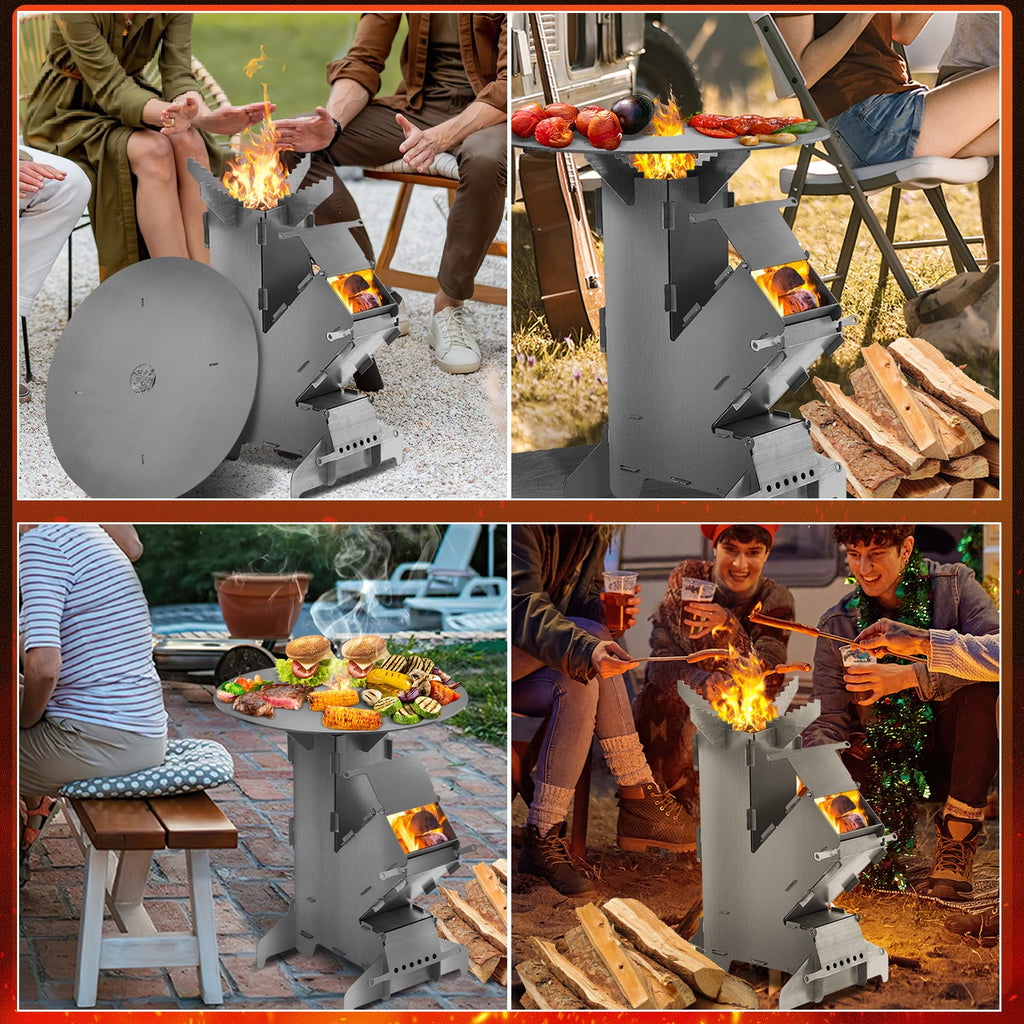 Raketenofen mit Grillplatte Ø50cm, Stecksystem aus Kohlenstoffstahl | Mit zwei zusätzlichen Stützstreben und Feuerhaken; für Garten, Terrasse und Camping