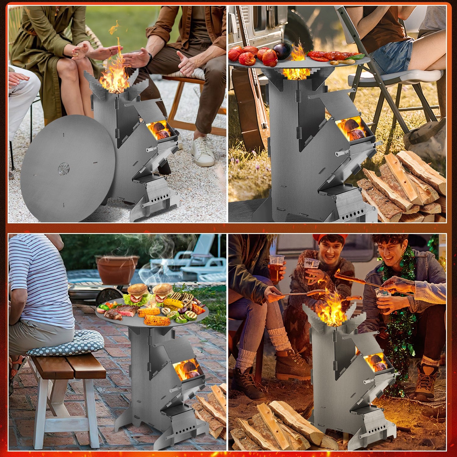 Raketenofen mit Grillplatte Ø50cm, Stecksystem aus Kohlenstoffstahl | Mit zwei zusätzlichen Stützstreben und Feuerhaken; für Garten, Terrasse und Camping