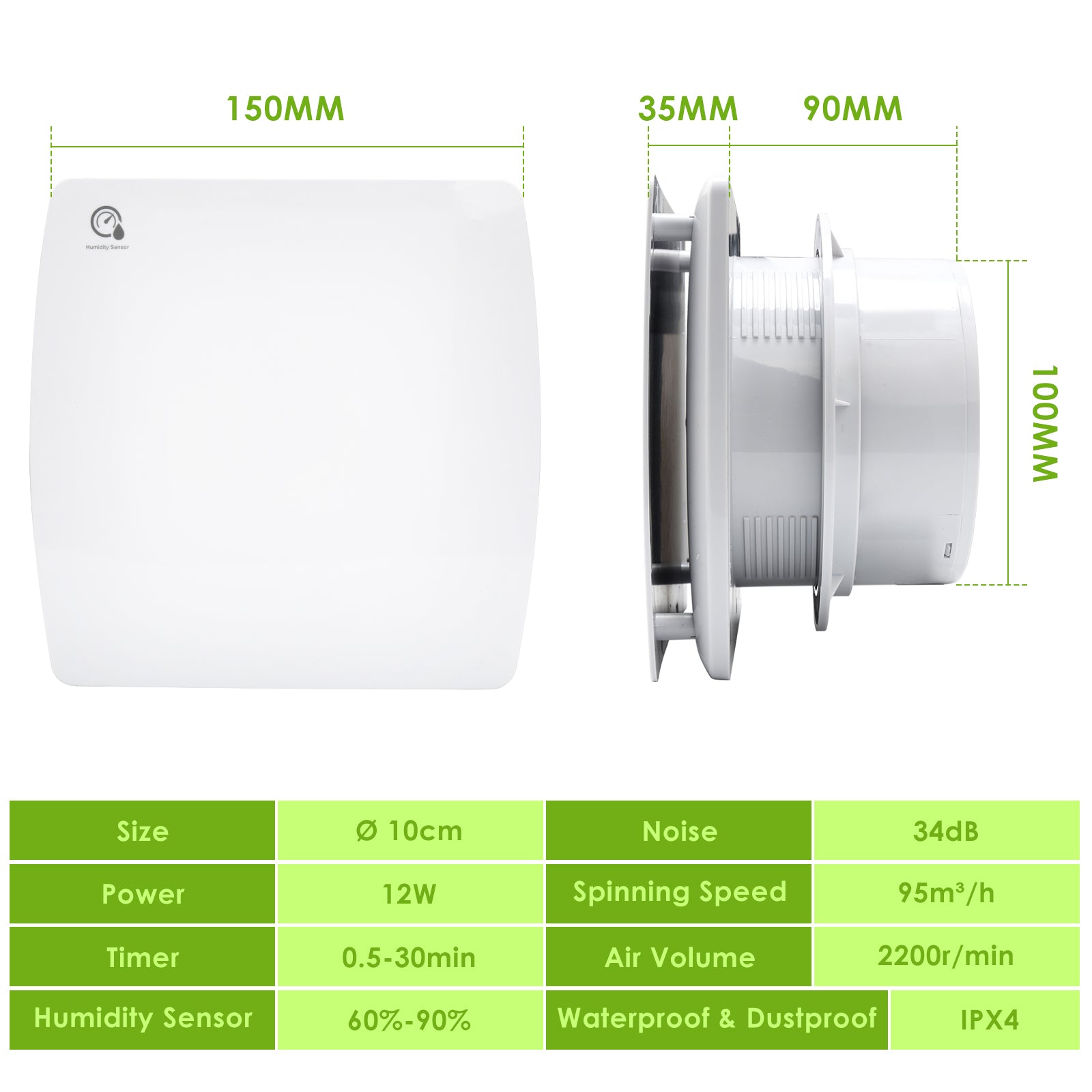 100/150-mm-Badventilator mit Feuchtigkeitssensor und Nachlauffunktion; automatischer Ventilator für Badezimmer, Küchen und fensterlose Räume, weiß