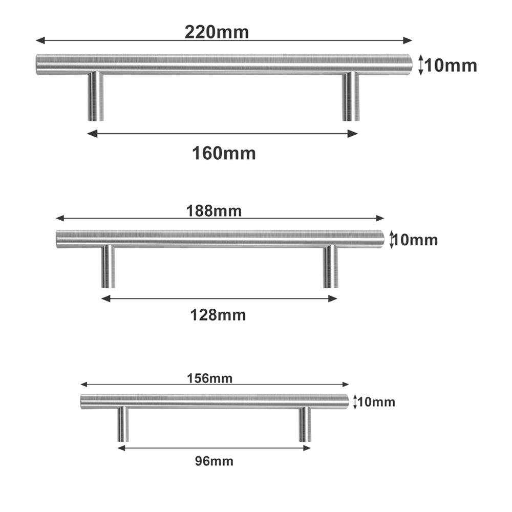 10er-Set silberfarbene Edelstahl-Schrankgriffe, Türgriffe und Stangengriffe, Lochabstand 96/128/160 mm, T-Griffe mit 10 mm Durchmesser, hochwertige Möbelgriffe für Küchenschränke und Schubladen