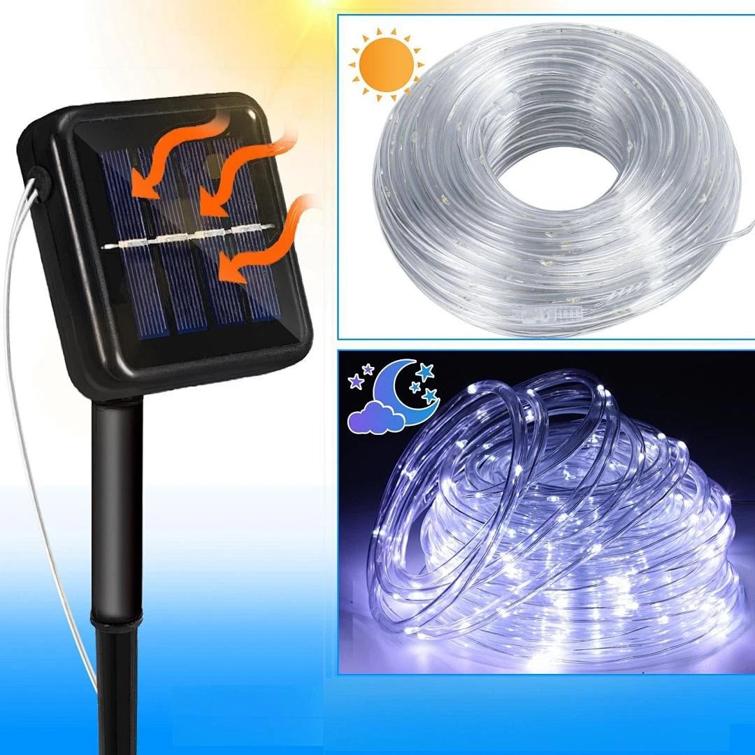 10/20/30 Meter lange Solar-Lichterkette mit 100 LEDs, bunt, für den Außenbereich geeignet – wasserdichtes Design, 8 Leuchtmodi, ideal für Festtagsdekorationen und Partys im Freien, wahlweise in den Farben Regenbogen, Warmweiß und Kaltweiß