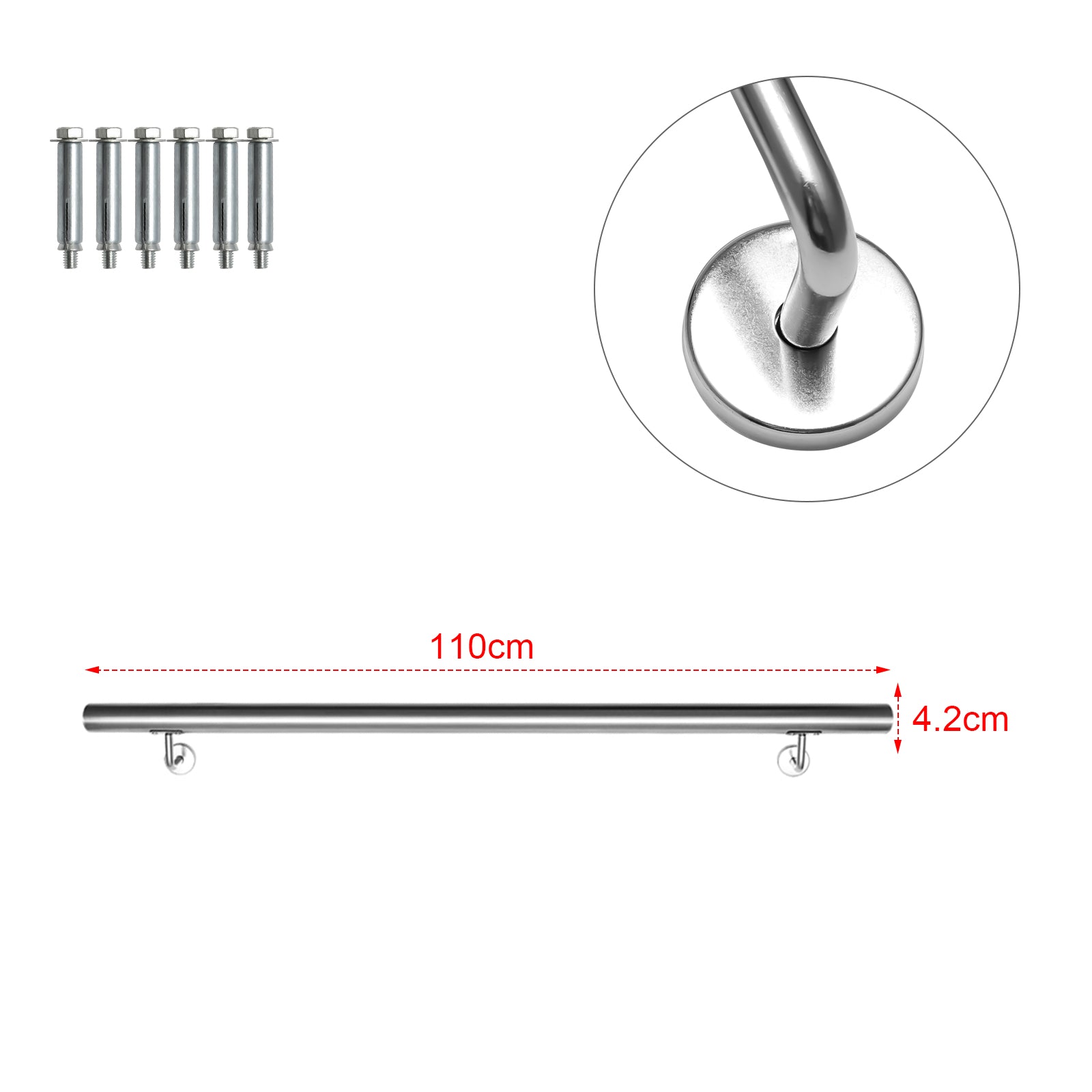 Geländer Treppengeländer, Edelstahl Handlauf, Wandhandlauf Innen & Außen, inkl. Wandhalterung und Endkappen, Rund Ø42mm, Treppe Wandhalter Haltegriff Stange