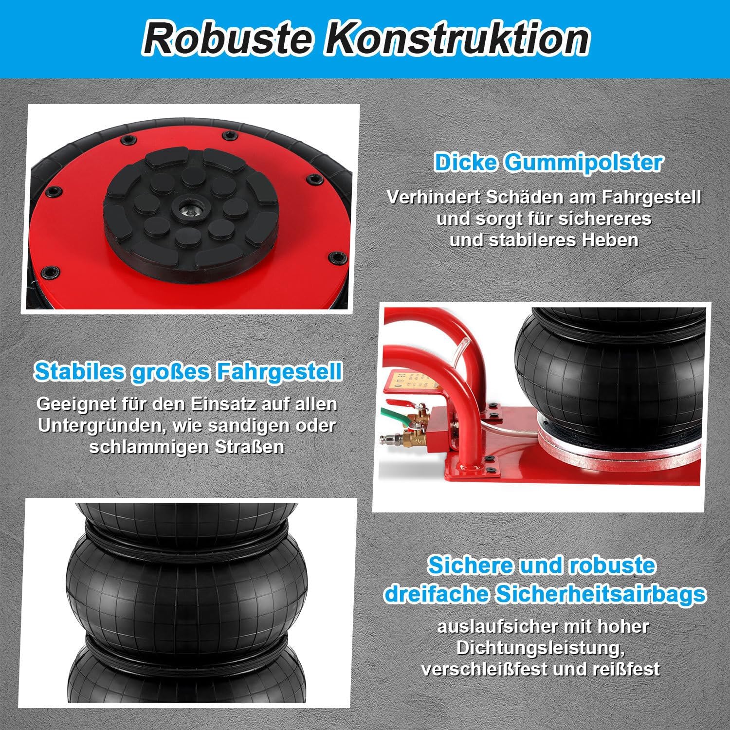 Pneumatischer Wagenheber, Druckluftwagenheber mit 3T-Kapazität, Triple Bag Air Jack, Höhenverstellbar 15 cm-40 cm, Gebogener Griff Luftwagenheber mit 5-Sekunden-Lift, Bequem zu transportieren