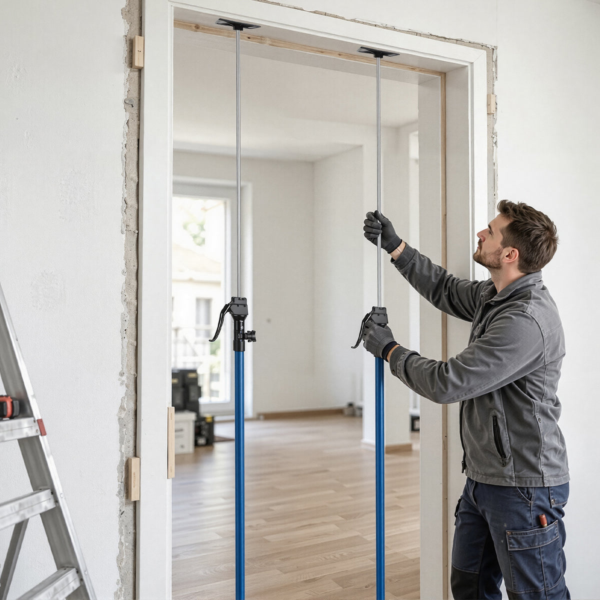 115-290CM Stützstange für Tischlerarbeiten, inklusive Aufbewahrungstasche | Tragkraft 100 kg, 4-stufige Höhenverstellung, Hilfswerkzeug für die Schrankmontage, inklusive Aufbewahrungstasche