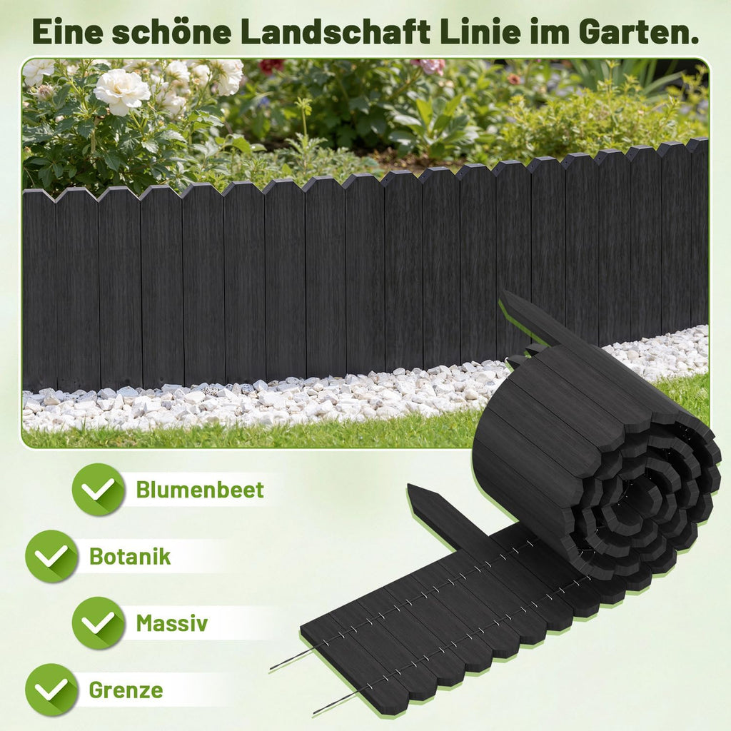 Beeteinfassung Holz 10 x 200 cm, Flexible Rasenkante aus Holz für Garten, Blumenbeete und Rasenflächen, Mähkante Rollborder, Steckzaun für Blumenbeete, Anthrazit, Erhältlich in den Höhen 10 cm, 20 cm, 30 cm und 40 cm