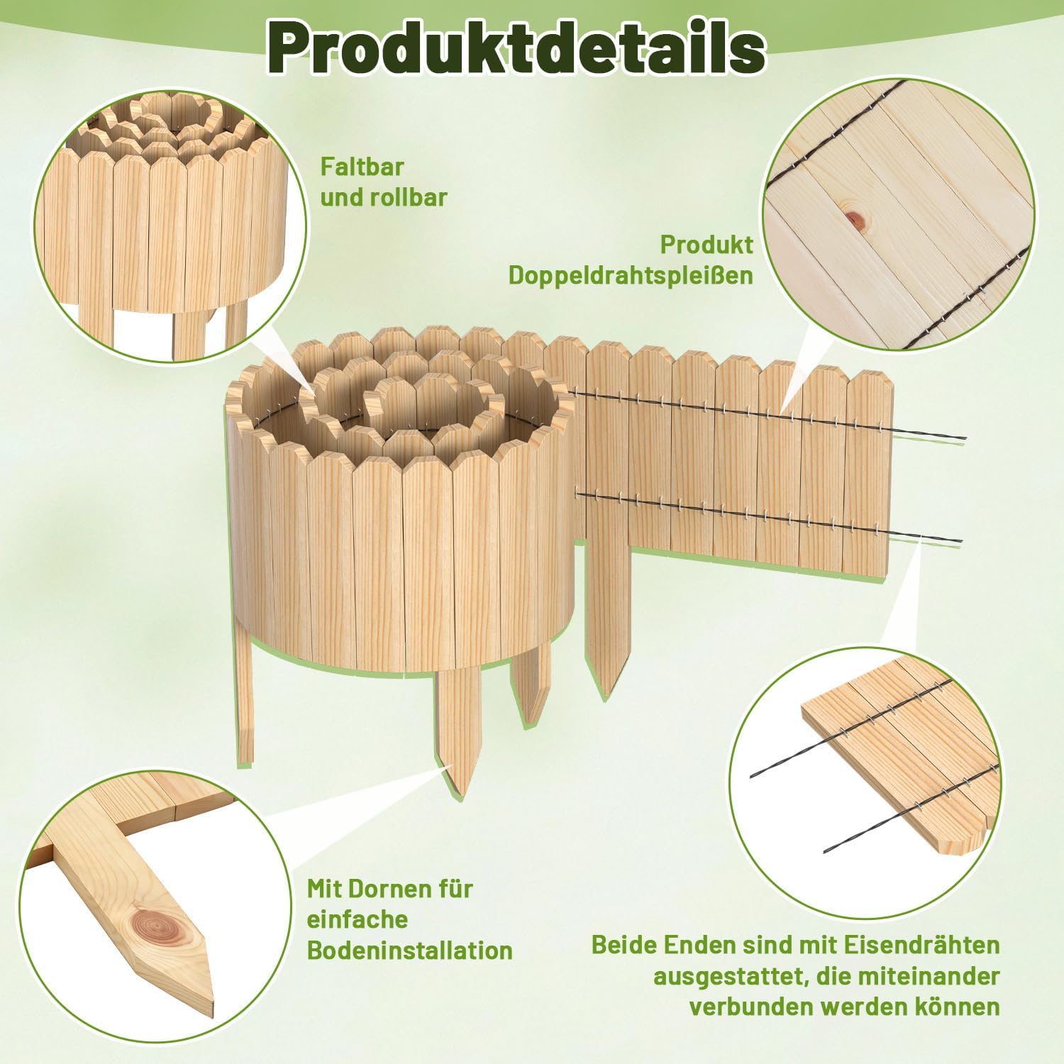 Blumenbeetumrandung aus Holz, 10 x 200 cm – flexible Holzumrandung für Gärten, Blumenbeete und Rasenflächen, als Rasenkante zum Umbiegen, als Steckzaun für Blumenbeete, naturfarben, in den Höhen 10 cm, 20 cm, 30 cm und 40 cm erhältlich