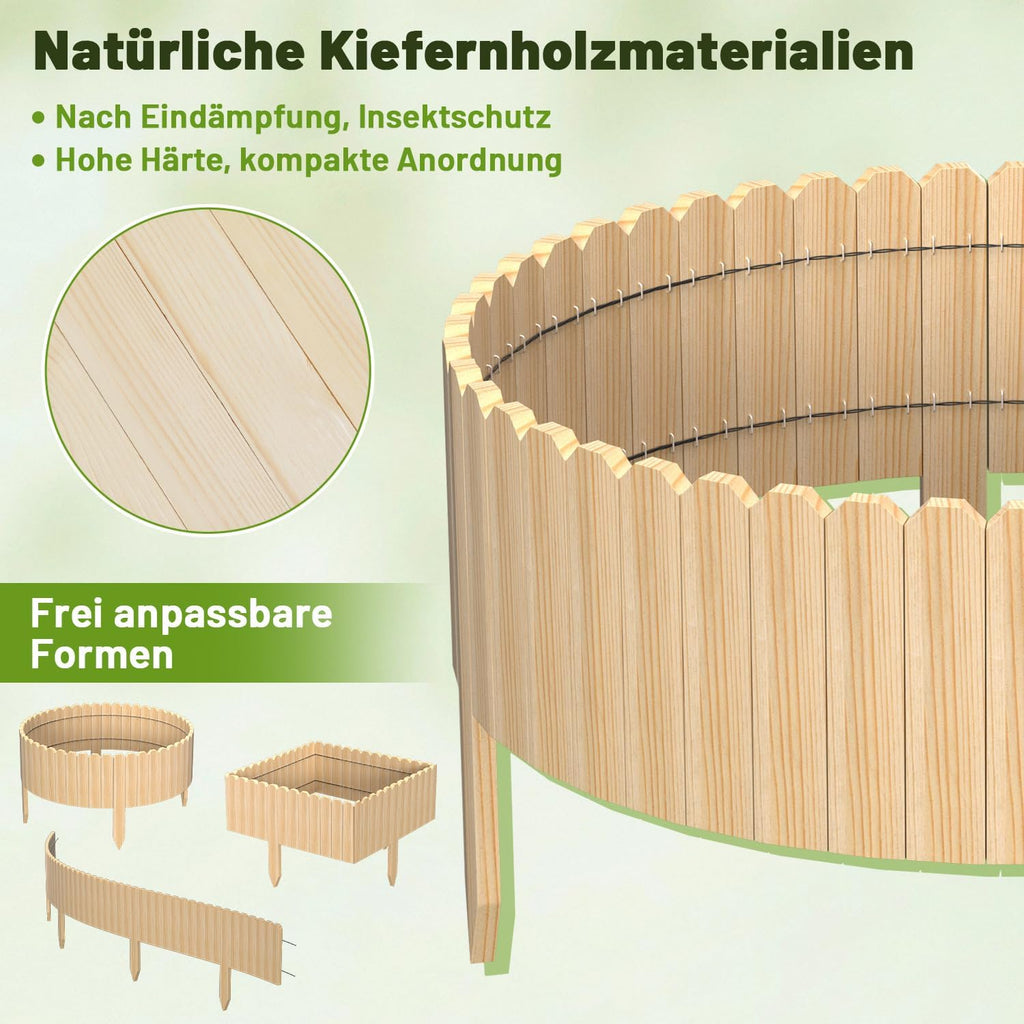 Blumenbeetumrandung aus Holz, 10 x 200 cm – flexible Holzumrandung für Gärten, Blumenbeete und Rasenflächen, als Rasenkante zum Umbiegen, als Steckzaun für Blumenbeete, naturfarben, in den Höhen 10 cm, 20 cm, 30 cm und 40 cm erhältlich