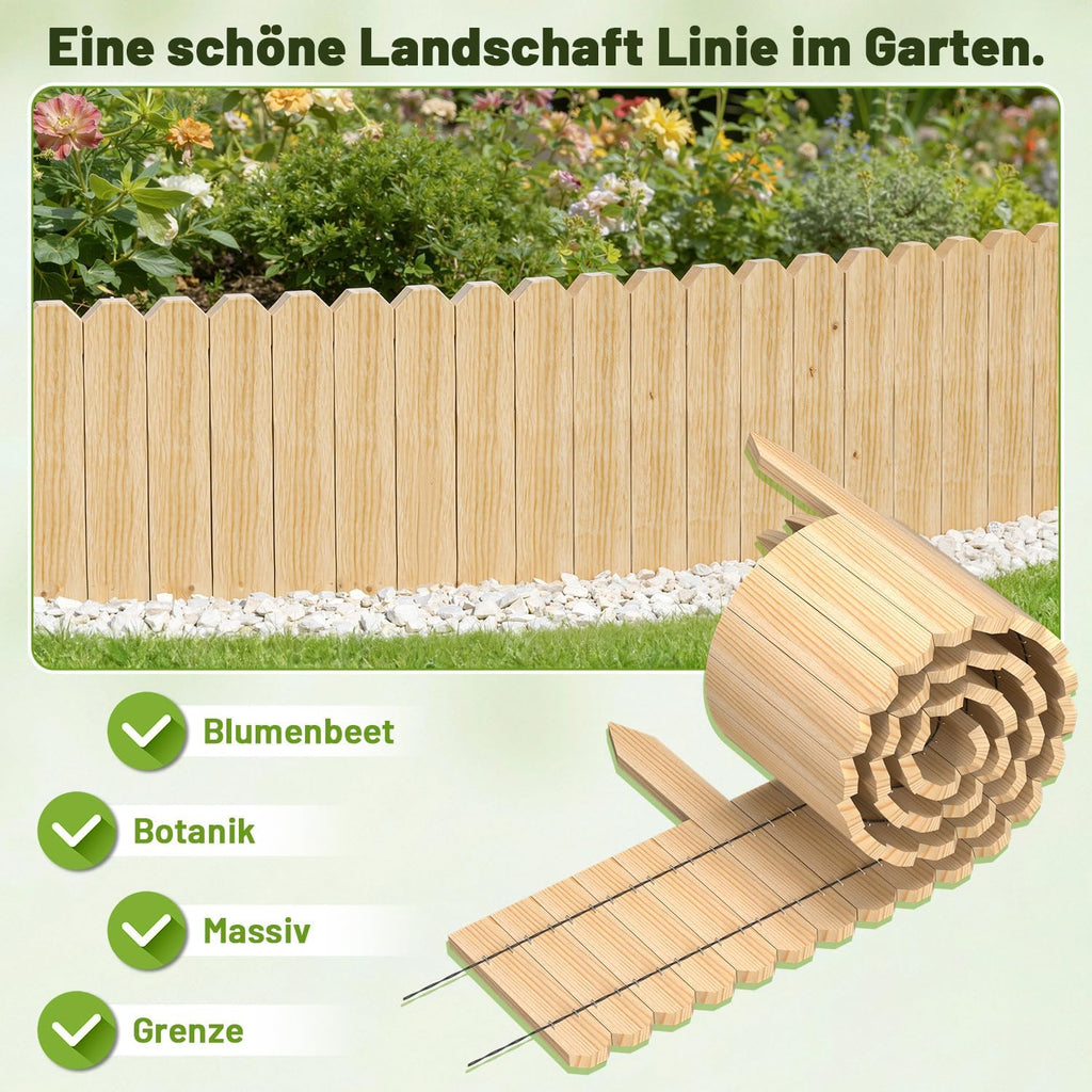 Blumenbeetumrandung aus Holz, 10 x 200 cm – flexible Holzumrandung für Gärten, Blumenbeete und Rasenflächen, als Rasenkante zum Umbiegen, als Steckzaun für Blumenbeete, naturfarben, in den Höhen 10 cm, 20 cm, 30 cm und 40 cm erhältlich