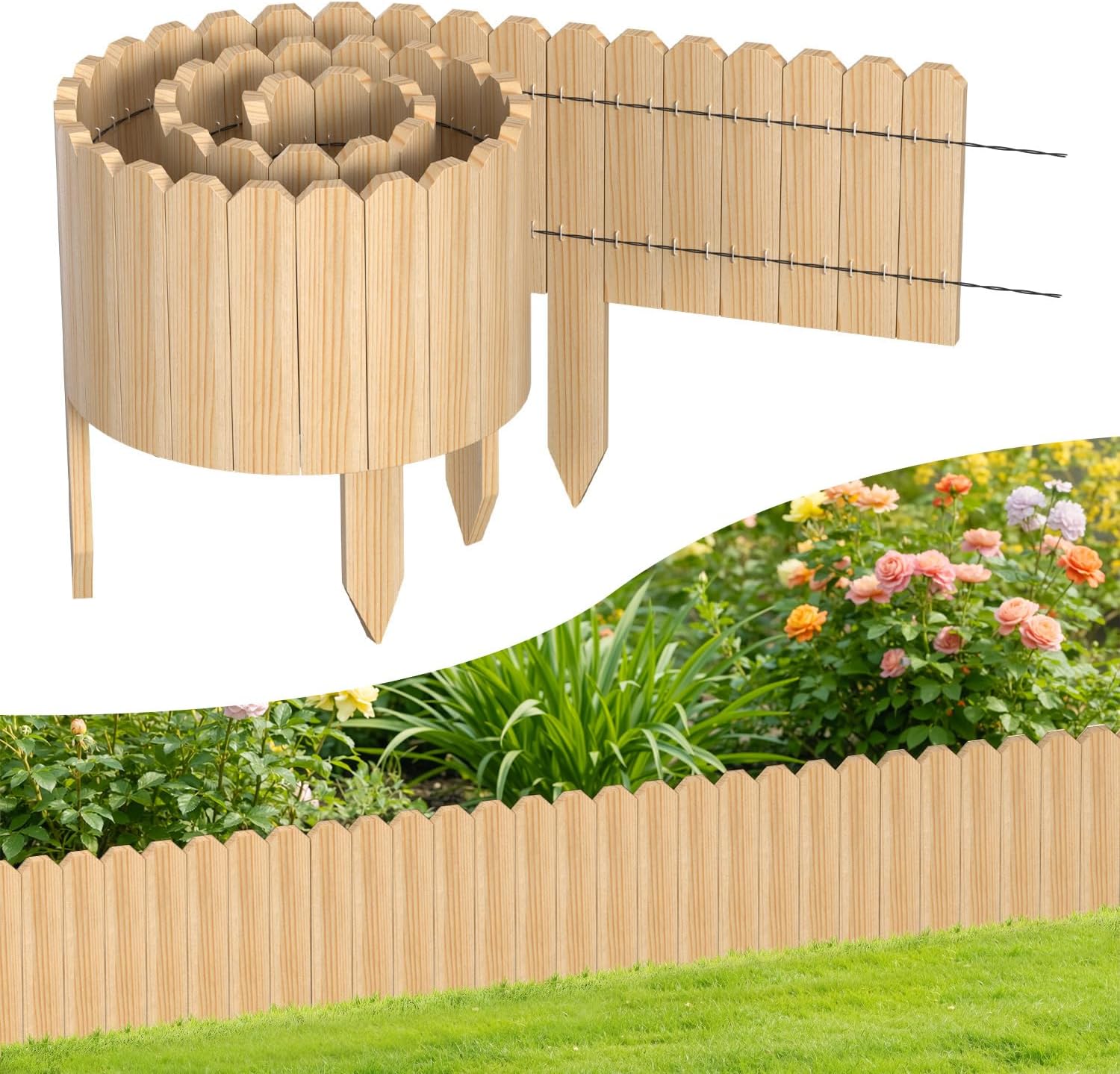 Blumenbeetumrandung aus Holz, 10 x 200 cm – flexible Holzumrandung für Gärten, Blumenbeete und Rasenflächen, als Rasenkante zum Umbiegen, als Steckzaun für Blumenbeete, naturfarben, in den Höhen 10 cm, 20 cm, 30 cm und 40 cm erhältlich